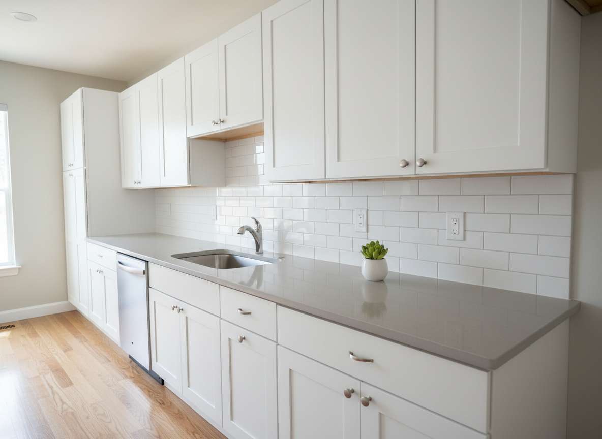 An immaculate, move-in ready kitchen that recently underwent a full cleanout and light repair, featuring gleaming white shaker cabinets, spotless gray quartz countertops, and a perfectly clean stainless steel sink. The counters are completely clear except for a single small, healthy green plant in a white pot, suggesting readiness for new occupants. Natural daylight pours in from an unseen window to the left, creating soft reflections on the cabinet doors and a gentle sheen on the countertop. The tile backsplash is pristine with no stains or damage. Captured in photographic realism from a slightly elevated wide-angle perspective, with sharp focus and a bright, inviting atmosphere, the composition conveys cleanliness, completion, and professional attention to detail.