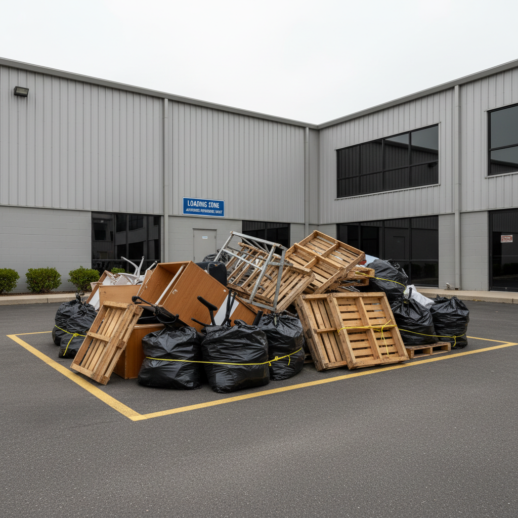 An exterior view of a small commercial property back lot, showing an orderly stack of bulky junk items awaiting removal, including disassembled office furniture, wooden pallets, metal shelving, and securely tied contractor bags. The items are staged on clean asphalt near a clearly marked loading zone and a modern industrial building with neutral gray siding. Soft overcast daylight creates even, shadow-free lighting that highlights texture and detail without harsh contrast. The atmosphere is efficient and businesslike, with a focus on reliability and safety. Photographic realism, framed from a slightly elevated angle using the rule of thirds, keeps the junk pile as the primary focus while hinting at the larger commercial setting in the background.