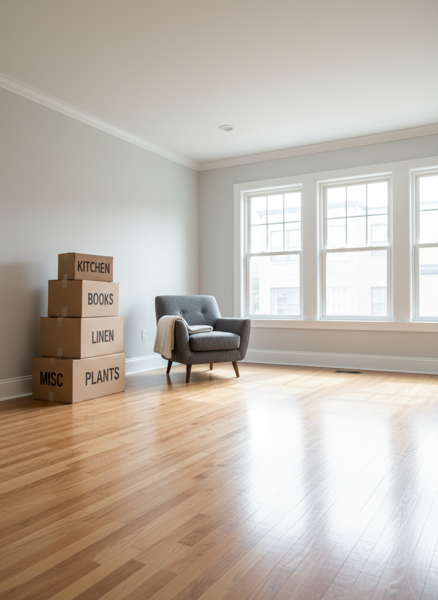 A freshly cleared living room interior where clutter once was, showing an empty, spotless hardwood floor and clean, light-gray walls. A few remaining items, such as a neatly stacked set of labeled moving boxes and a single, well-maintained armchair, sit orderly against the wall, suggesting a completed junk removal and cleanout. Sunlight filters through large windows with white trim, casting soft, natural light across the room and creating gentle, elongated shadows. The mood is calm, airy, and move-in ready. Photographic realism with a clean, modern aesthetic, captured at eye level with a wide-angle lens to showcase space and depth, and a subtle background blur to draw attention to the pristine open area.