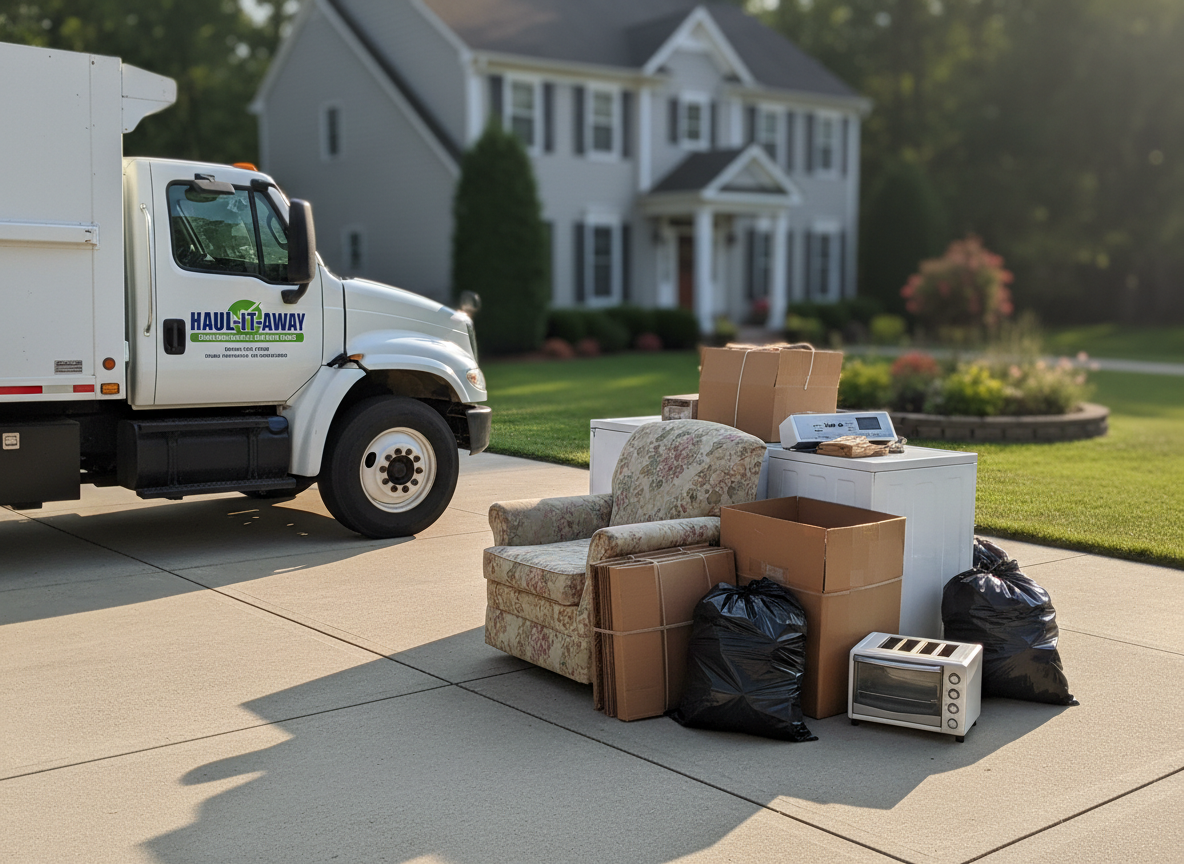A large, open residential driveway with a heavy-duty, bright white junk removal truck parked neatly beside an overflowing pile of household clutter. The pile includes worn-out furniture, flattened cardboard boxes, old appliances, and black contractor bags, carefully staged to look messy but contained. The concrete driveway is clean and dry, with a well-kept suburban home and a neatly trimmed lawn in the softly blurred background. Captured in warm late-morning natural light, with crisp shadows and vivid colors, the photographic realism emphasizes cleanliness, order, and professionalism. Shot from an eye-level, three-quarter angle with sharp focus throughout, the composition feels organized and trustworthy, ideal for a professional junk removal business homepage hero image.