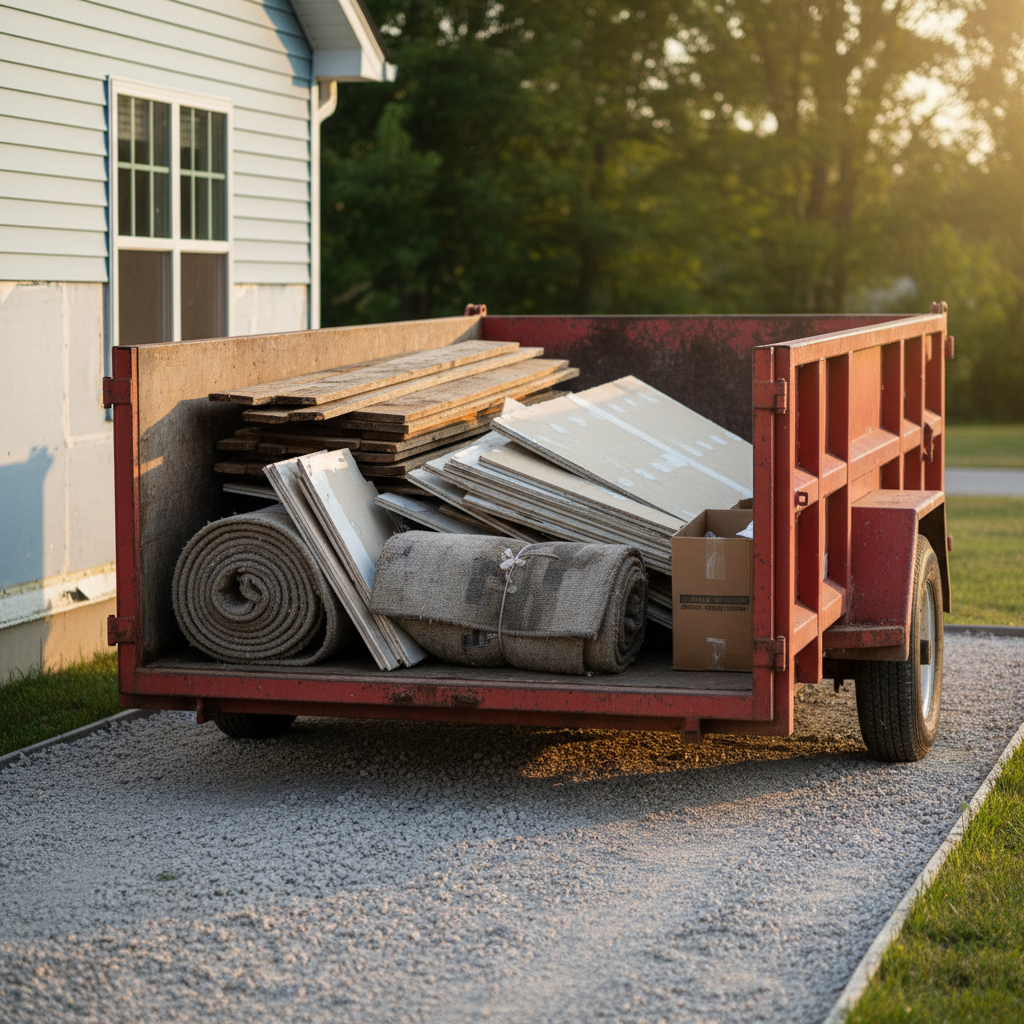 A detailed close-up of a sturdy, open-top dump trailer backed up onto a tidy gravel pad, filled in an organized way with construction debris from a light renovation. Visible materials include neatly stacked old lumber, broken drywall pieces, bundled carpet, and a few flattened cardboard boxes, all contained below the trailer’s side walls. Surrounding the trailer are clean, swept pathways and a partially visible, freshly repaired exterior wall of a house with new siding. Late afternoon golden-hour sunlight creates warm highlights along the trailer’s metal edges and subtle shadows in the debris, enhancing texture. The composition uses a three-quarter angle with shallow depth of field, keeping the trailer and contents in sharp photographic focus while softly blurring the background to emphasize professional cleanup and repair readiness.