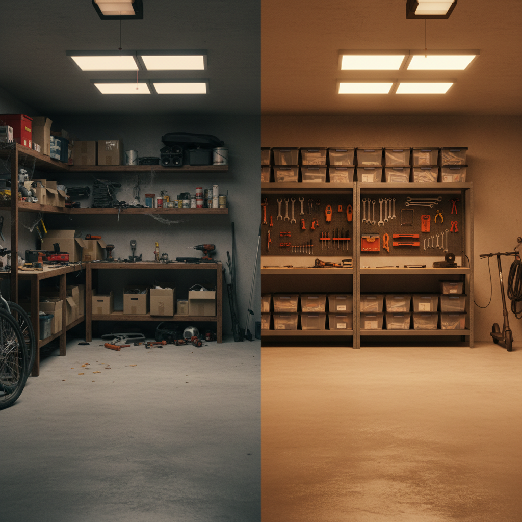 A side-by-side before-and-after concept of a garage, split vertically down the center in a single photographic image. On the left, a dim, cluttered garage with scattered tools, broken shelves, boxes, and old equipment fills the frame in muted, slightly dull tones. On the right, the same garage appears bright, organized, and freshly cleaned, with empty floor space, neatly aligned storage bins, and a gleaming concrete surface. Overhead LED lighting creates clear, even illumination on both sides, with the cleaned side appearing slightly warmer and more inviting. Shot straight-on at eye level with sharp focus across the entire scene, the composition emphasizes transformation, professionalism, and the effectiveness of a full property cleanout service.