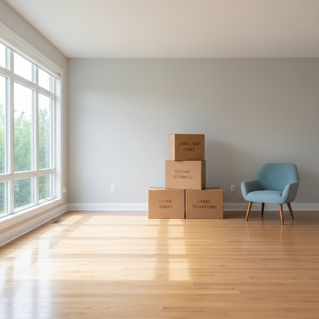A freshly cleared living room interior where clutter once was, showing an empty, spotless hardwood floor and clean, light-gray walls. A few remaining items, such as a neatly stacked set of labeled moving boxes and a single, well-maintained armchair, sit orderly against the wall, suggesting a completed junk removal and cleanout. Sunlight filters through large windows with white trim, casting soft, natural light across the room and creating gentle, elongated shadows. The mood is calm, airy, and move-in ready. Photographic realism with a clean, modern aesthetic, captured at eye level with a wide-angle lens to showcase space and depth, and a subtle background blur to draw attention to the pristine open area.